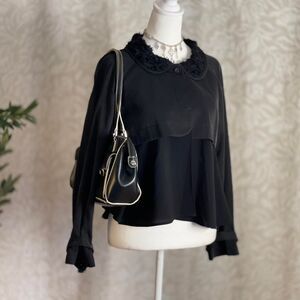 Ju's Black Goth Rosette Collar Lightweight‎ Windbreaker Ulster Coat Size L